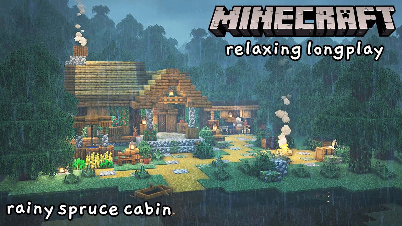 Minecraft Relaxing Longplay - Cozy Rainfall, Building a Spruce Cabin (No Commentary) [1.17]